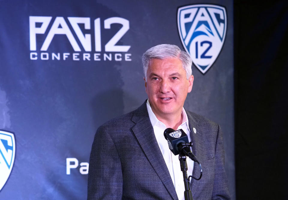 Oct. 13, 2021; San Francisco, California; Pac-12 commissioner George Kliavkoff speaks to the media during the Pac-12 men’s basketball media day. Kelley L Cox-USA TODAY Sports