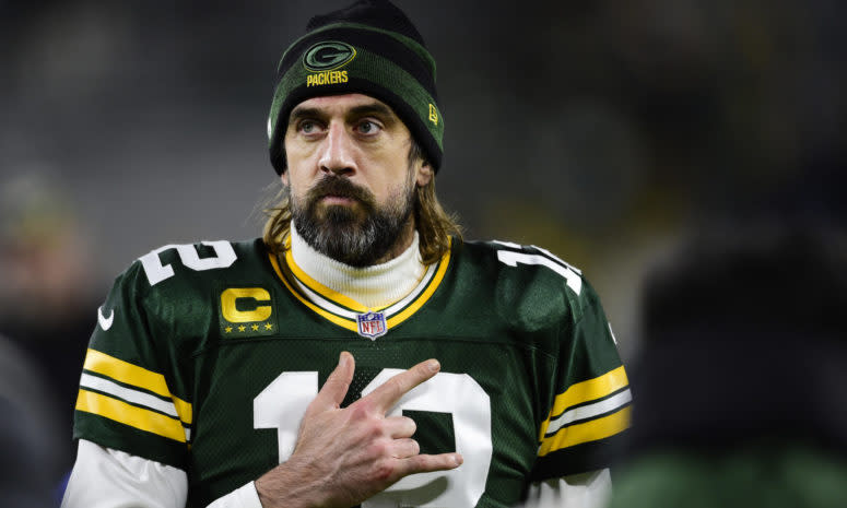 Green Bay Packers quarterback Aaron Rodgers on the field.