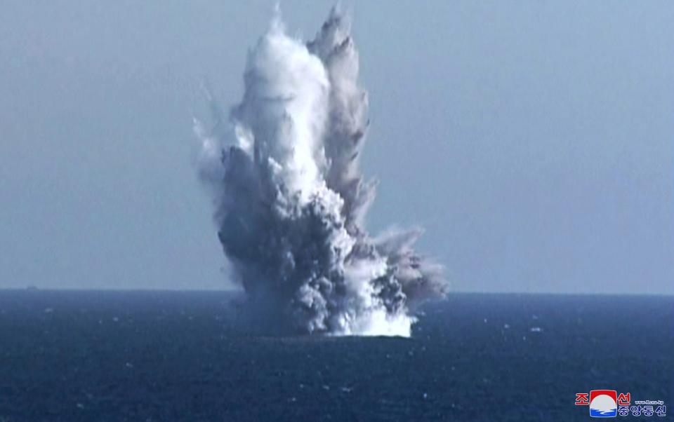 An underwater blast of a test warhead during an exercise around Hongwon Bay - KCNA via KNS