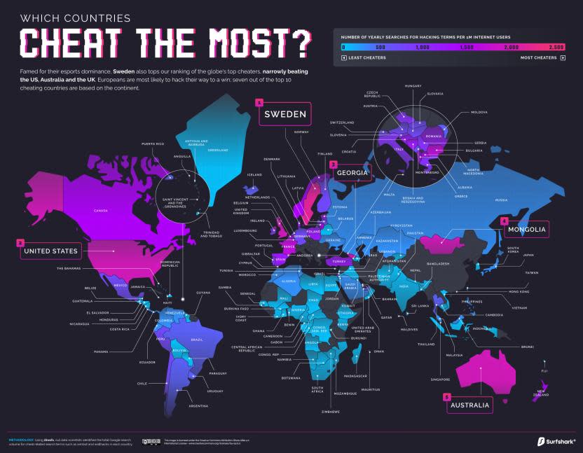 Mapa global de jugadores que utilizan trampas (Fuente Surfshark)