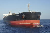 The Ocean Ruby, a giant tanker operated by the affiliate of a company suspected of selling fuel to North Korea in violation of United Nations sanctions, sits anchored in the high seas off the west coast of South America on July 23, 2021. (AP Photo/Joshua Goodman)