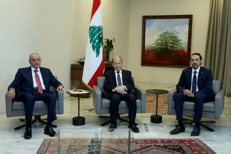 Designated Prime Minister Saad al-Hariri, meets with Lebanon's President Michel Aoun and Lebanese Speaker of the Parliament Nabih Berri at the presidential palace in Baabda