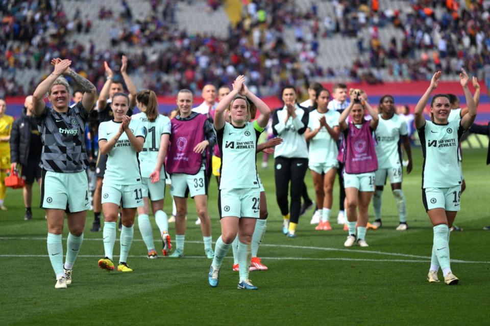 Cuthbert and her teammates applaud the away fans in Barcelona after Chelsea’s win (Getty)