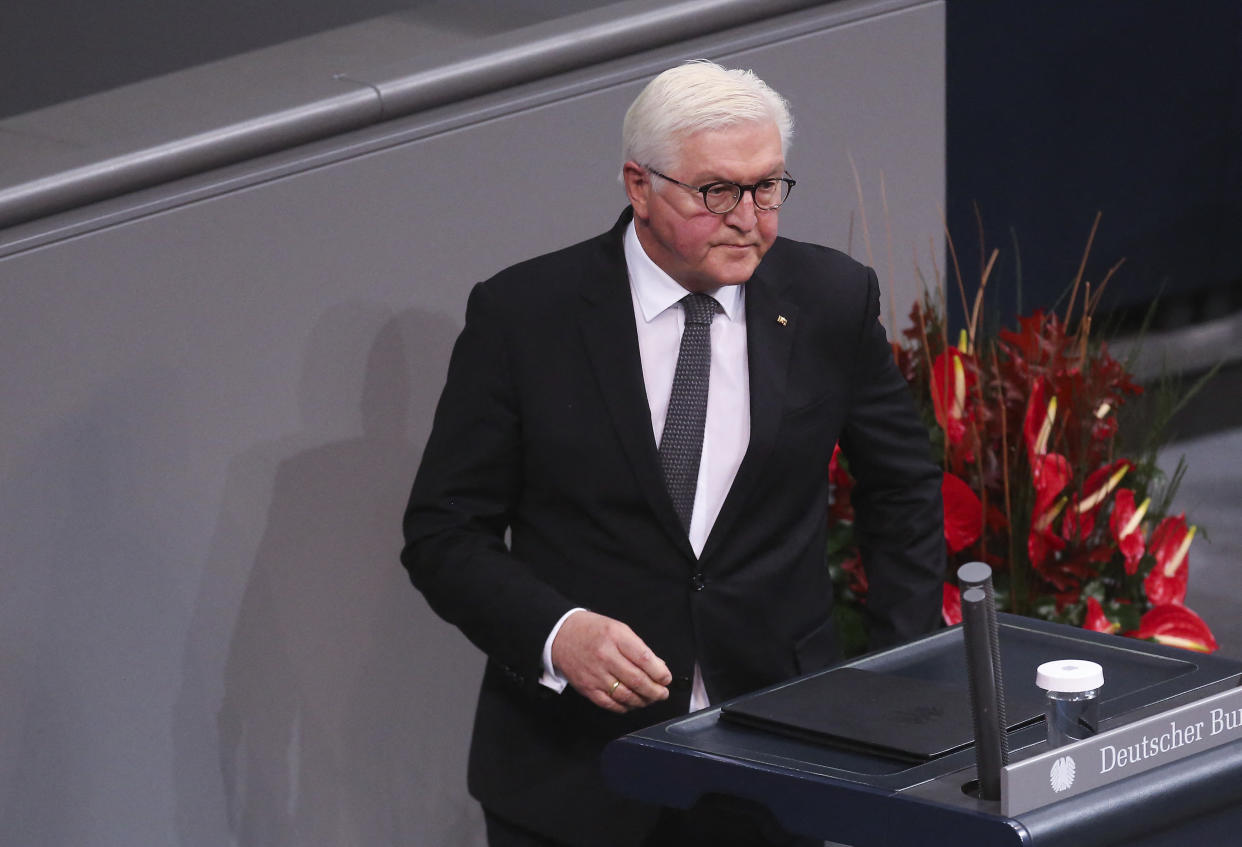 German President Frank-Walter Steinmeier speaks during a special session of the German parliament to mark the national day of mourning (Volkstrauertag) at the Bundestag, the lower house of parliament, in Berlin on November 14, 2021. - German President Frank-Walter Steinmeier speaks during a Volkstrauertag (German for 