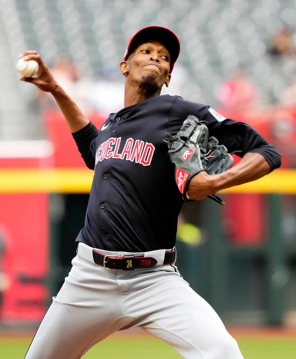 Cleveland Guardians starting pitcher Triston McKenzie throws to the Arizona Diamondbacks in the fourth inning during a spring training game at Chase Field in Phoenix on March 26, 2024.