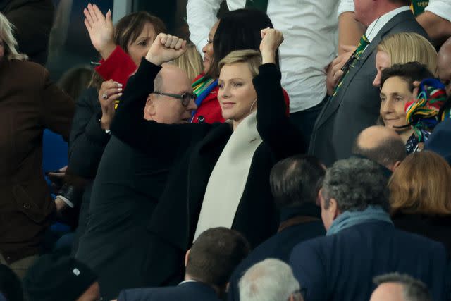 <p>Jean Catuffe/Getty</p> Princess Charlene of Monaco celebrates the victory for South Africa at final whistle following the Rugby World Cup France 2023 semifinal match between England and South Africa.