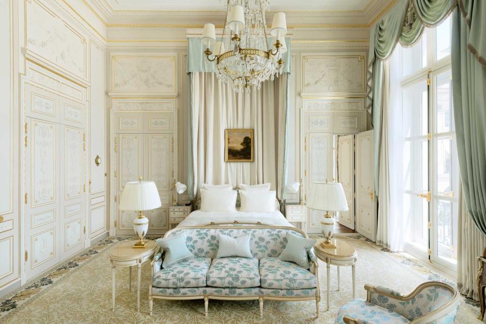 A blue and white suite at the Ritz Paris hotel