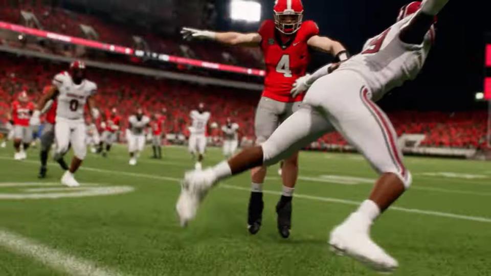 While rival Clemson was featured in multiple teasers for EA Sports College Football 25, South Carolina’s only in-game appearance came during this moment in the game’s initial teaser trailer, which shows Georgia tight end Oscar Delp (4) juking USC defensive back David Spaulding (29) to the ground with Gamecocks linebacker Debo Williams (0) in pursuit in Athens.