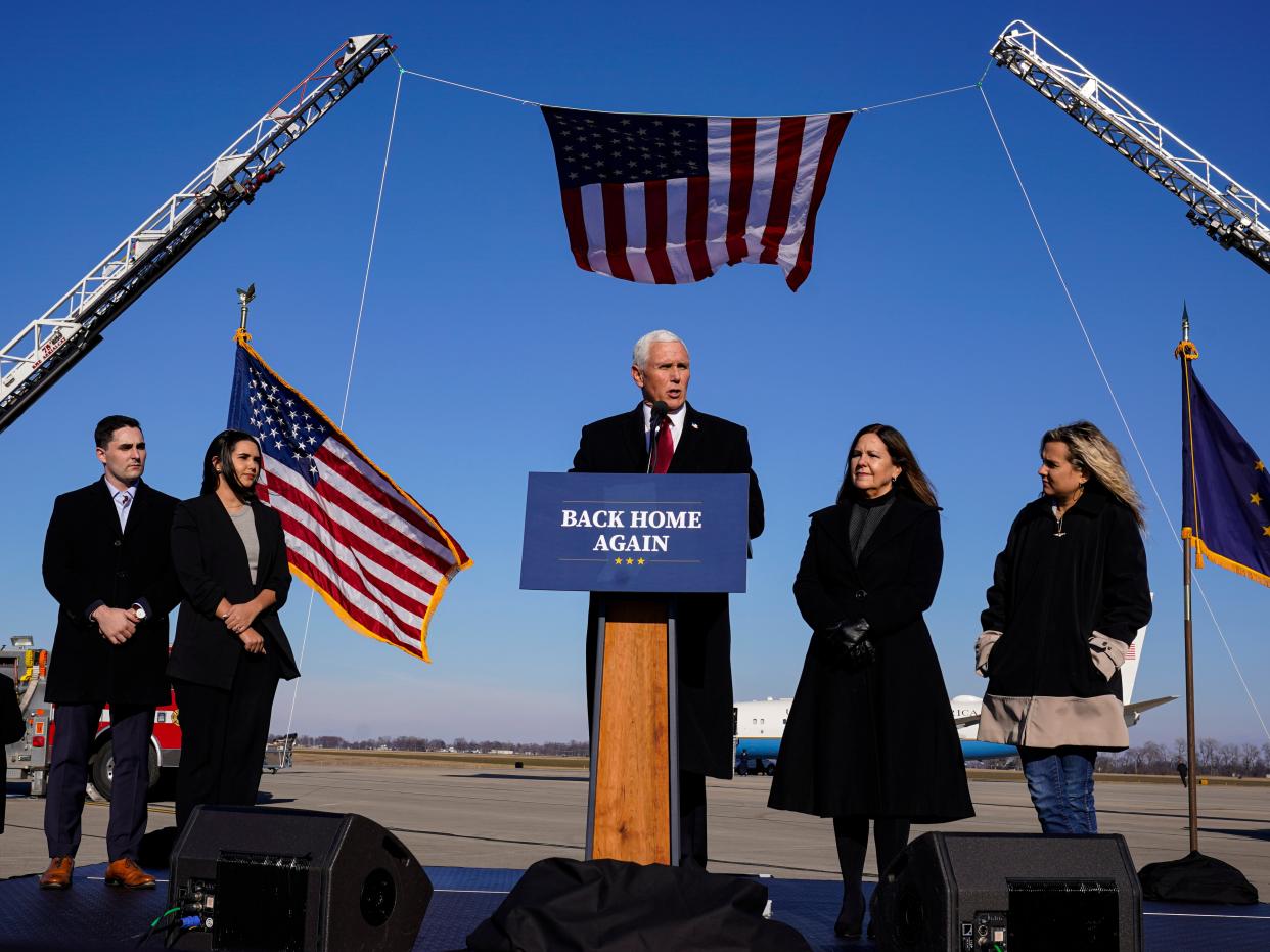 <p>Mike and Karen Pence at the inauguration of Joe Biden and Kamala Harris. </p> (AP)