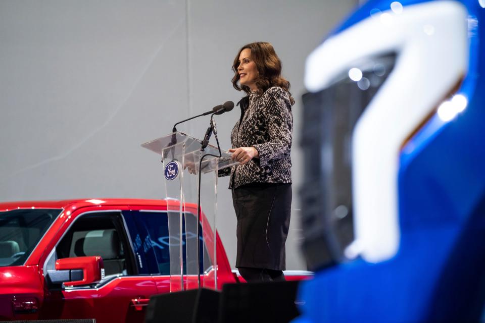 Michigan Governor Gretchen Whitmer speaks about the BlueOval Battery Park Michigan to be built in Marshall during a press announcement at Ford Ion Park in Romulus on Monday, February 13, 2023. 