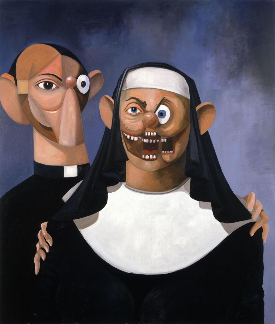 拍賣品之一，喬治·康多油彩畫作《修女與神父》2007年。估價約新台幣3千3百萬元起跳。（佳士得提供）