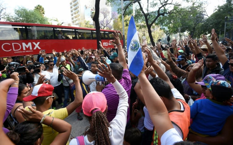 Honduran migrants taking part in the Viacrucis caravan protest outside the US Embassy in Mexico City, on April 12, 2018