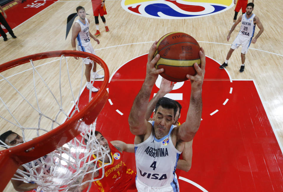 Luis Scola of Argentina in action during the Basketball World Cup 2019 finals match between Argentina and Spain in Beijing, China, Sunday Sept. 15, 2019. (How Hwee Young/Pool via AP)