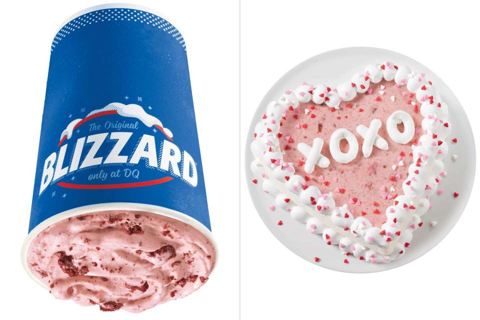 <p>Dairy Queen</p> Dairy Queen Red Velvet Cake Blizzard Treat and Red Velvet Cake Blizzard Cupid Cake