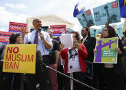 <p>Rep. Cory Booker, N.J., speaks during the “We Will Not Be Banned” protest sponsored by Muslim Advocates in front of the Supreme Court on Capitol Hill in in Washington, Tuesday, June 26, 2018. (Photo: Carolyn Kaster/AP) </p>