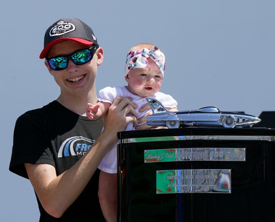 Michael McDowell children celebrate their fathers 2021 Daytona 500 win in Victory Lane at Daytona International Speedway, Saturday, Aug. 26, 2023. Due to 2021 covid protocols his family were not able to attend the race. 