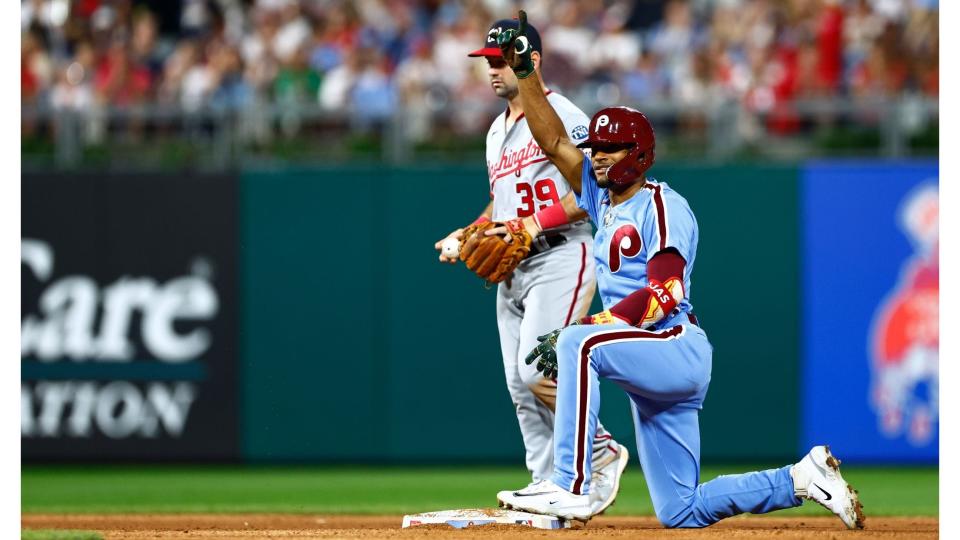 Philadelphia Phillies outfielder Johan Rojas, shown here during a game against the Washington Nationals on August. 10. Rojas is wearing the fan-favorite powder blue uniform that the Phillies will wear during Game 4 of the NLDS against the Atlanta Braves.