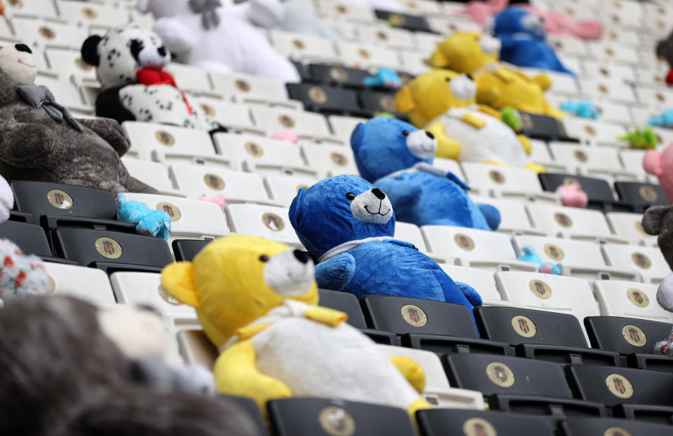 Teddy bears and toys were distributed before the Beşiktaş game to help victims of the Turkey earthquake. (Photo by Ali Atmaca/Anadolu Agency via Getty Images)