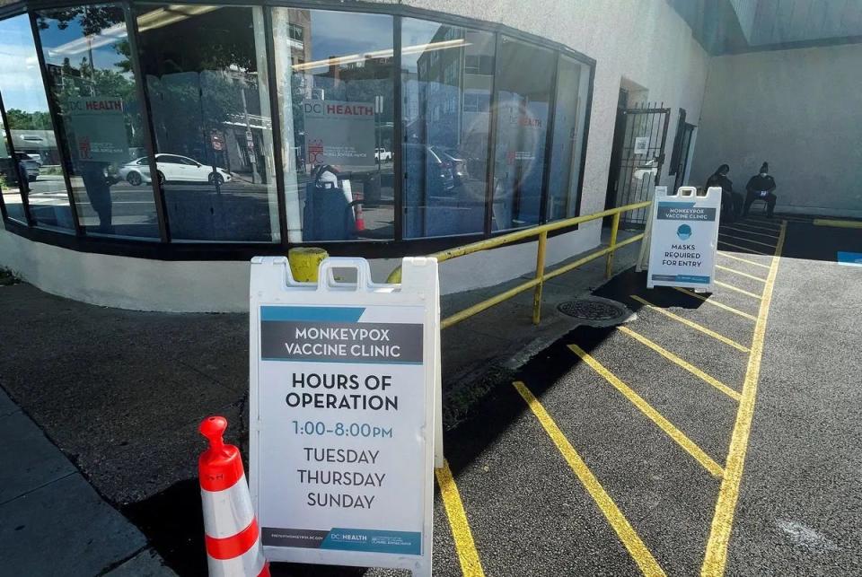 Workers outside of DC Health’s first monkeypox vaccination clinic, which was administering the first Jynneos vaccine doses distributed in Washington, D.C., on June 28.