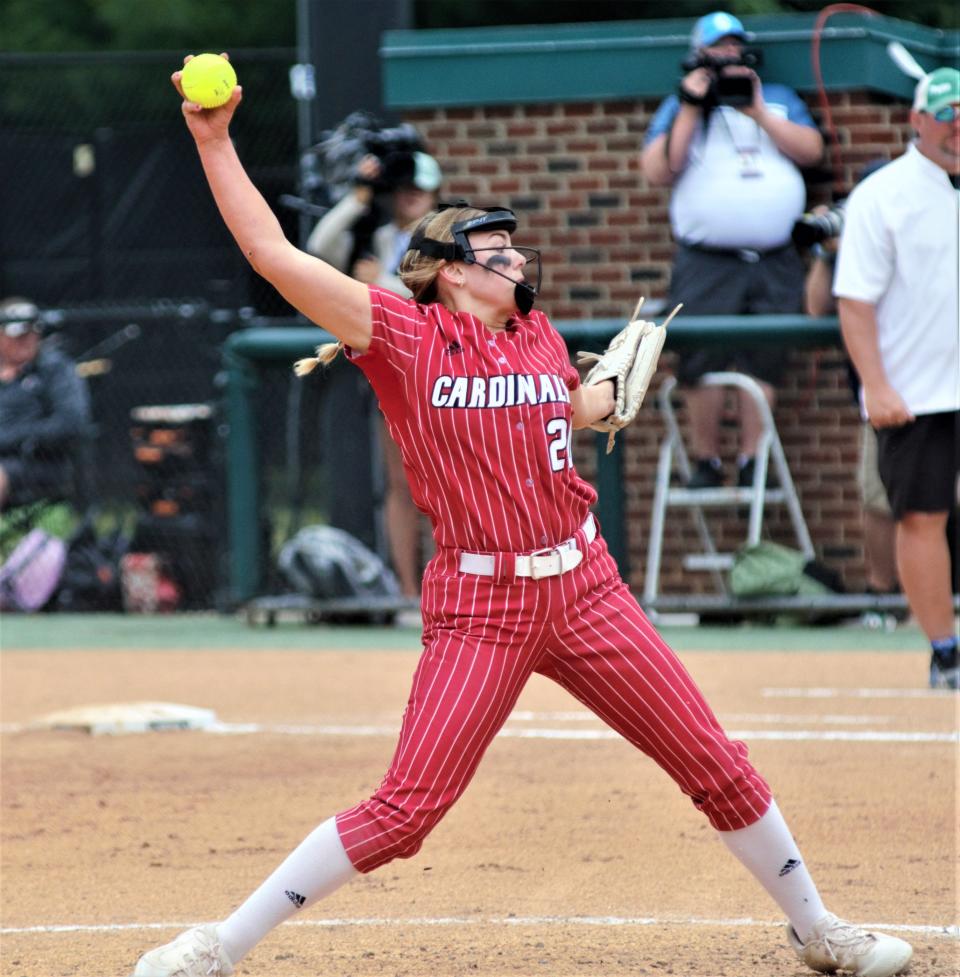 Jayden Marlatt pitches during the MHSAA Division 4 softball semifinal matchup between Johannesburg-Lewiston and Mendon on Friday, June 16 at Secchia Stadium on the campus of Michigan State University in East Lansing, Mich.