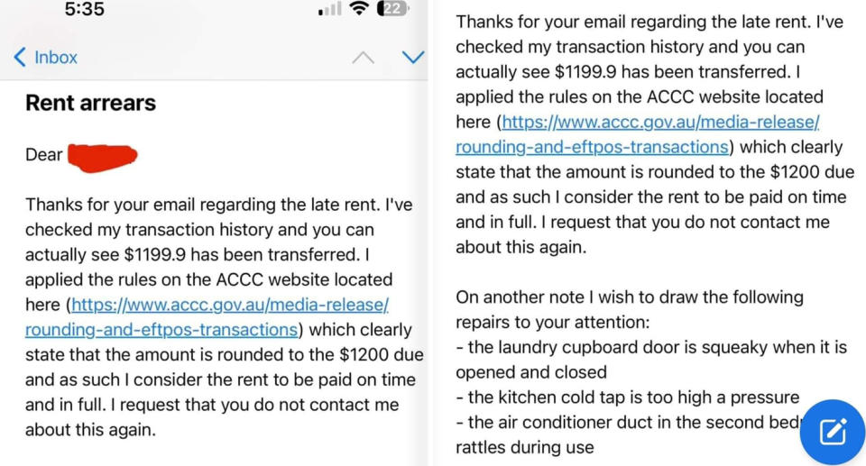 The email response from the renter.