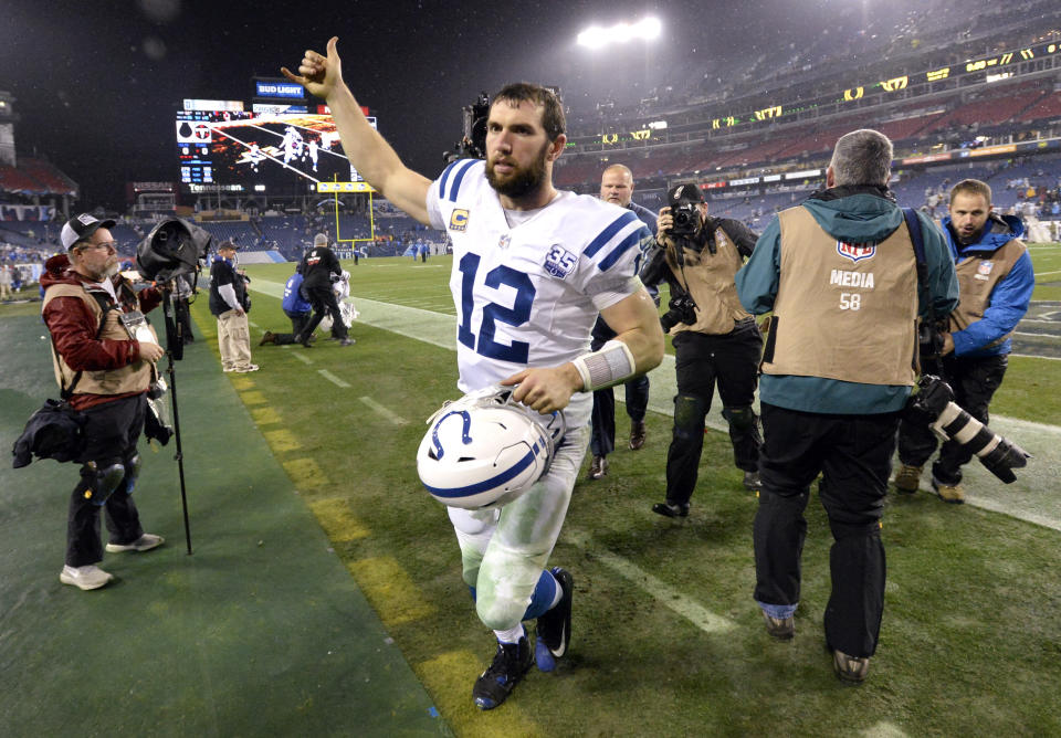 Indianapolis Colts quarterback Andrew Luck leaves the field after an NFL football game against the Tennessee Titans Sunday, Dec. 30, 2018, in Nashville, Tenn. The Colts won 33-17.(AP Photo/Mark Zaleski)