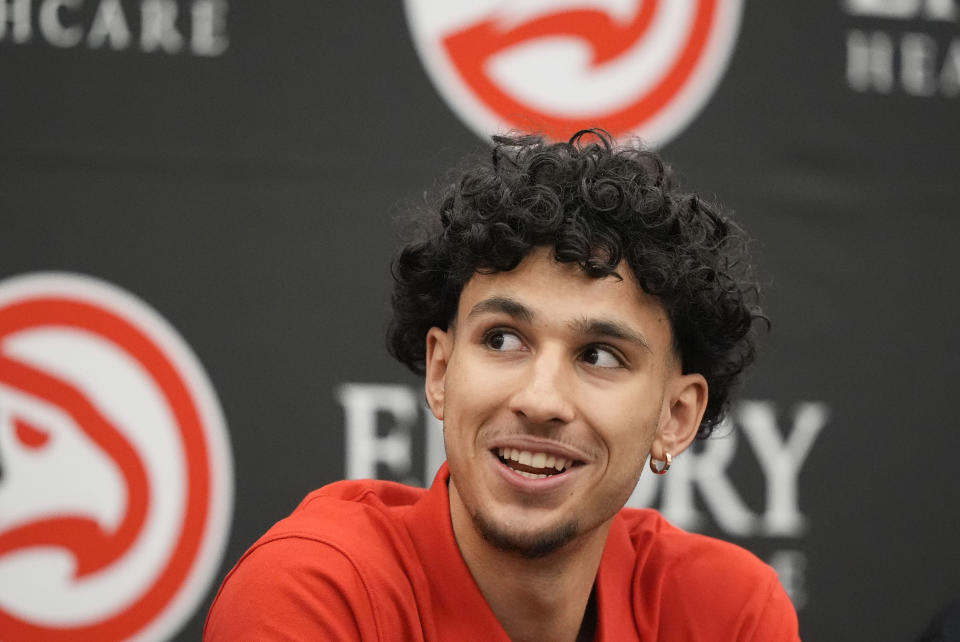 Atlanta Hawks' Zaccharie Risacher speaks during an NBA basketball news conference, Friday, June 28, 2024, in Atlanta. Risacher was selected as the first overall pick by the Atlanta Hawks in the first round of the NBA basketball draft. (AP Photo/Brynn Anderson)