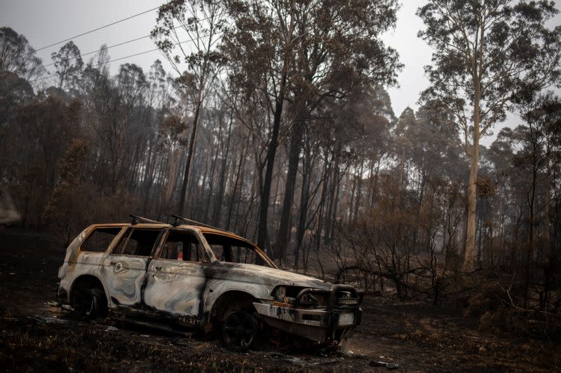 A destroyed car is seen next to burnt bushland in the village of Mogo