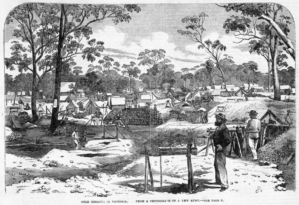 An 1862 engraving shows an encampment on the Victorian goldfields. <a href="https://viewer.slv.vic.gov.au/?entity=IE439797&mode=browse" rel="nofollow noopener" target="_blank" data-ylk="slk:Samuel Calvert / State Library of Victoria;elm:context_link;itc:0;sec:content-canvas" class="link ">Samuel Calvert / State Library of Victoria</a>