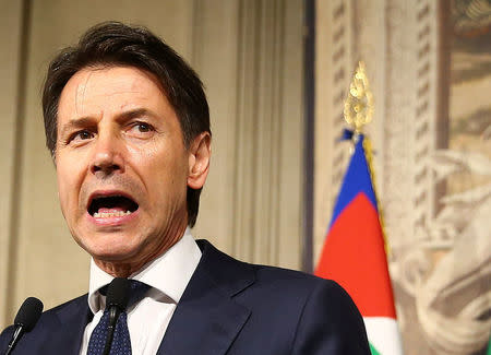 Italy's Prime Minister-designate Giuseppe Conte speaks to the media after a meeting with the Italian President Sergio Mattarella at the Quirinal Palace in Rome, Italy, May 27, 2018. REUTERS/Alessandro Bianchi