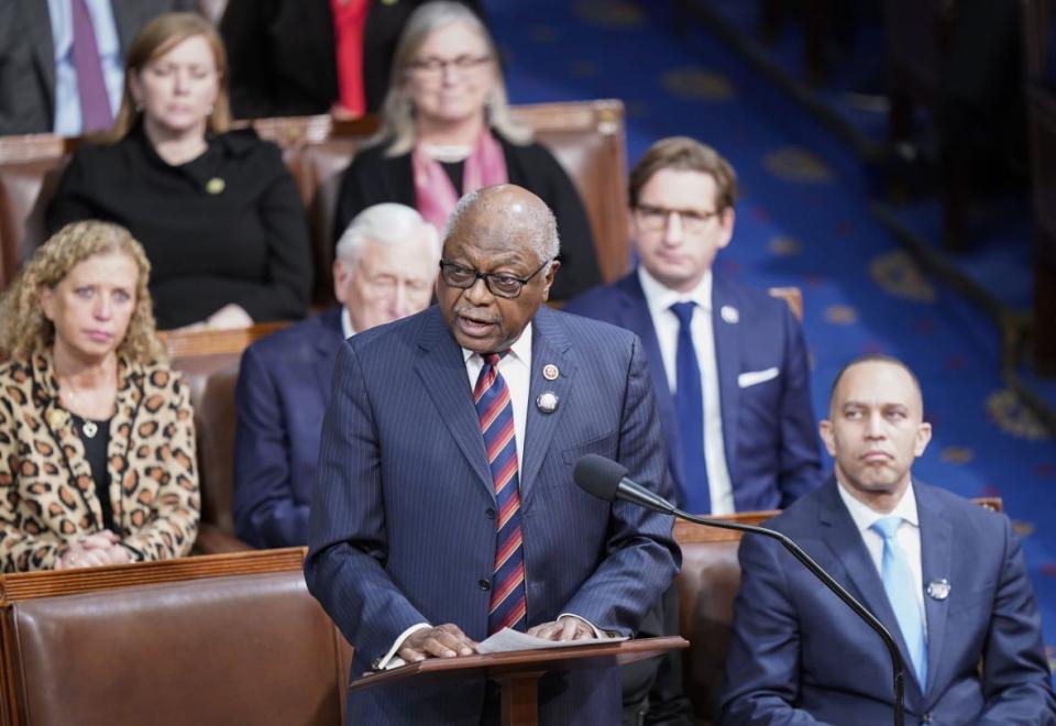 Democrat James Clyburn of South Carolina nominates Democrat Hakeem Jeffries as the search for speaker continued for a fourth day during a meeting of the 118th Congress, Friday, January 6, 2023, at the U.S. Capitol in Washington, D.C. (Photo by Jabin Botsford/The Washington Post via Getty Images)