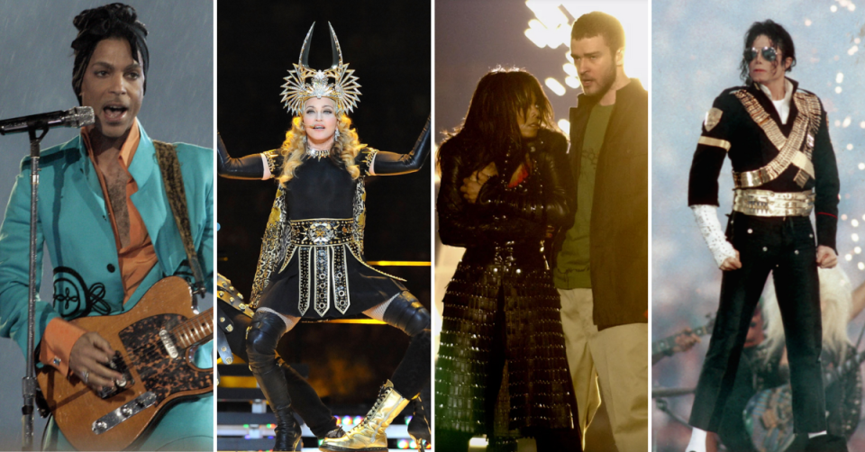 Montage of Super Bowl performers 