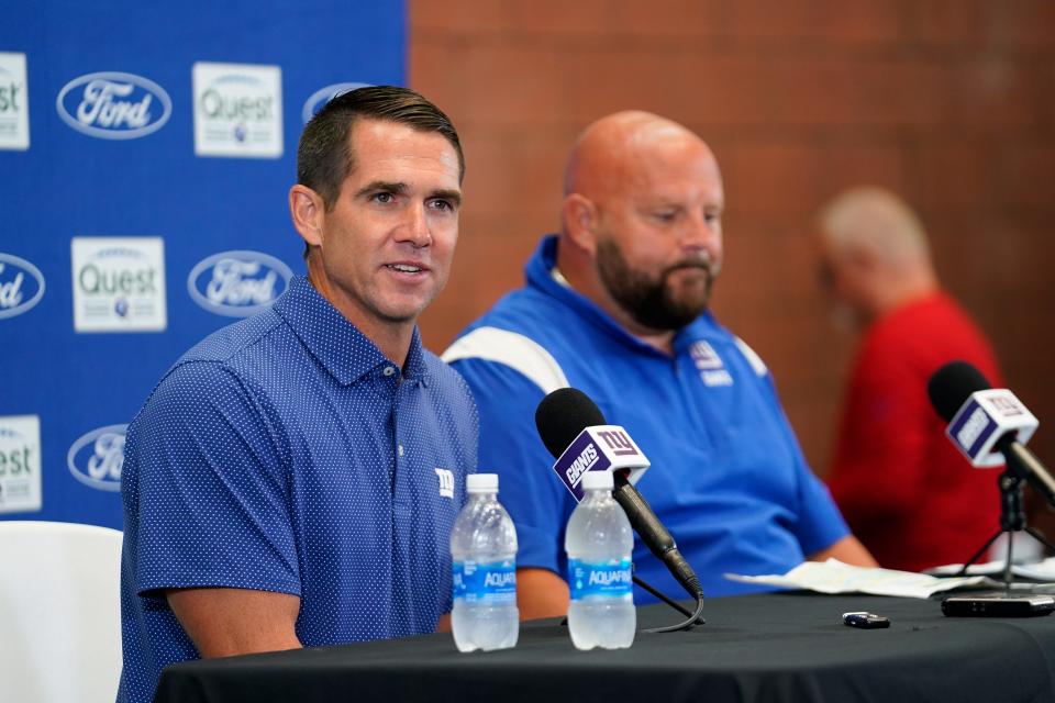 New York Giants general manager Joe Schoen, left, speaks during a press conference with head coach Brian Daboll, right, before training camp in East Rutherford on Wednesday, July 26, 2023.