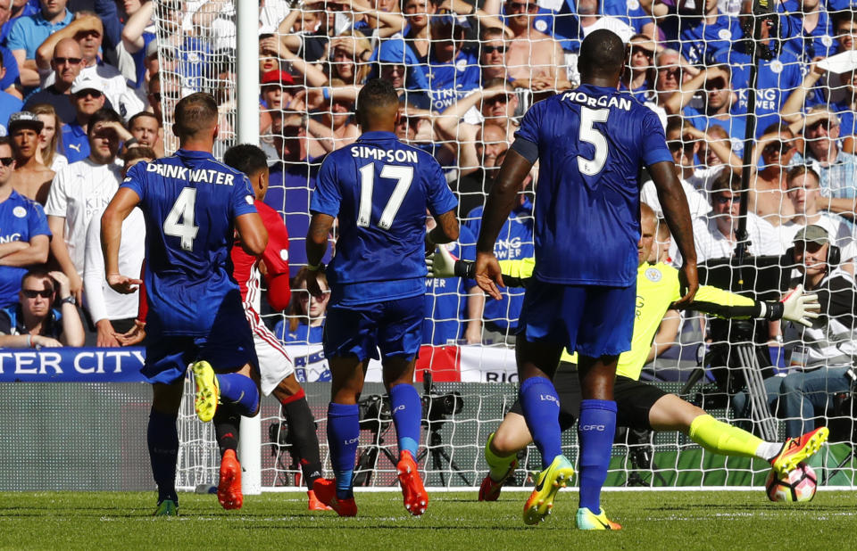 Football Soccer Britain - Leicester City v Manchester United - FA Community Shield - Wembley Stadium - 7/8/16 Manchester United's Jesse Lingard scores their first goal Reuters / Eddie Keogh Livepic EDITORIAL USE ONLY. No use with unauthorized audio, video, data, fixture lists, club/league logos or "live" services. Online in-match use limited to 45 images, no video emulation. No use in betting, games or single club/league/player publications. Please contact your account representative for further details.