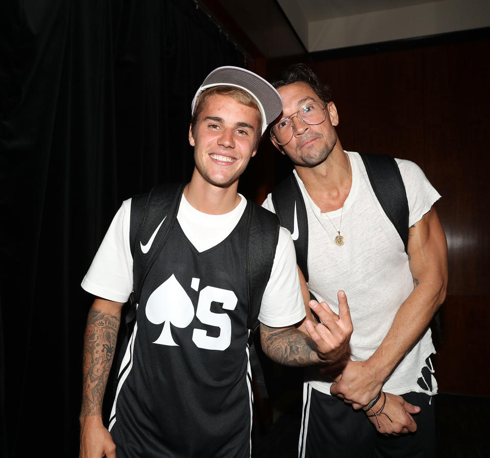 Justin Bieber and Carl Lentz attend  2017 Aces Charity Celebrity Basketball Game at Madison Square Garden on August 13, 2017 in New York City.