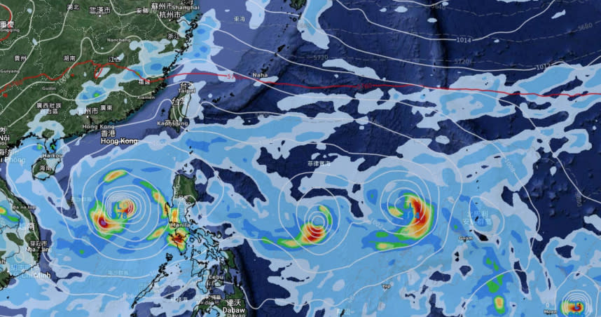 美國GFS模式14天後的預測，「梅雨不見了，換成颱風排排站」。（圖／翻攝自天氣風險臉書）