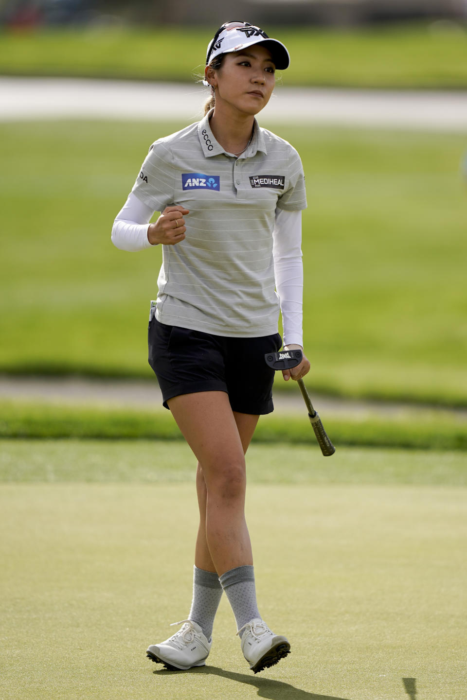 Lydia Ko reacts after making an eagle on the second hole during the second round of the LPGA Tour ANA Inspiration golf tournament at Mission Hills Country Club on Friday, April 5, 2019, in Rancho Mirage, Calif. (AP Photo/Chris Carlson)