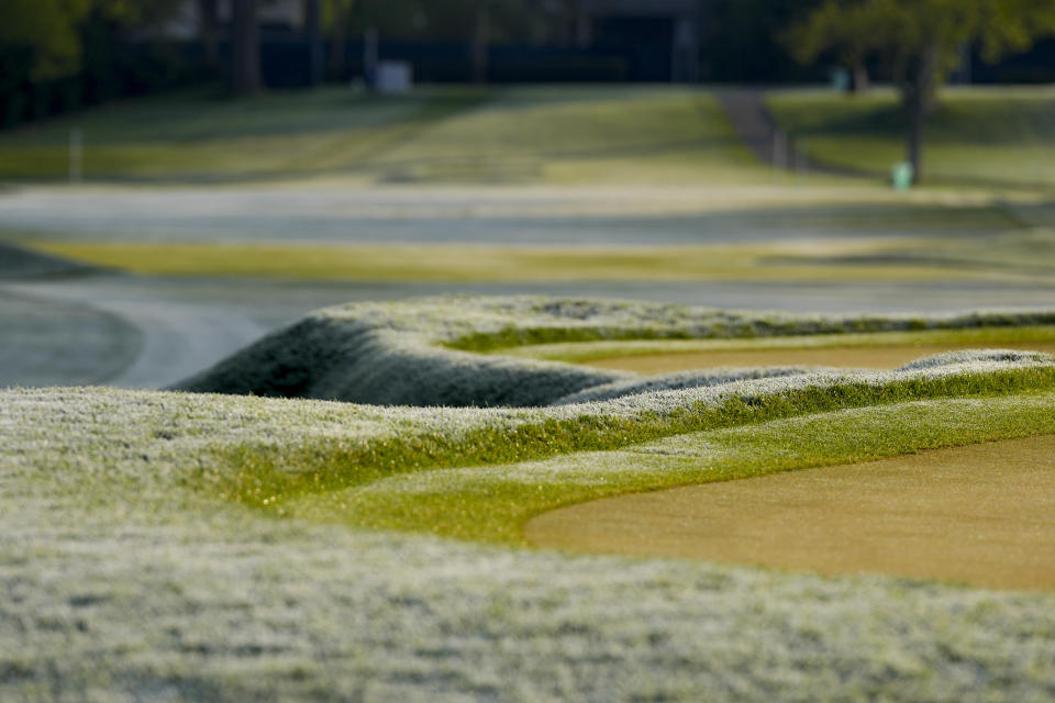 The course is closed during during a frost delay before the first round of the PGA Championship golf tournament at Oak Hill Country Club on Thursday, May 18, 2023, in Pittsford, N.Y. (AP Photo/Seth Wenig)