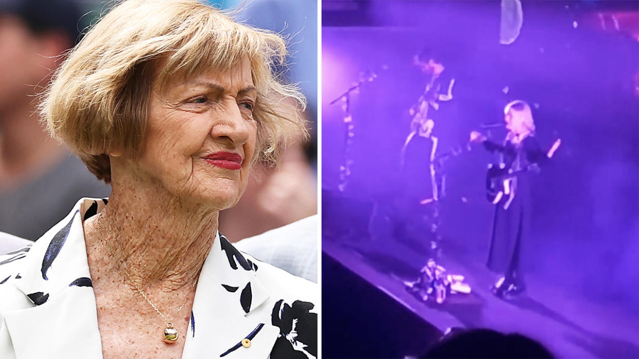 Margaret Court is pictured left, with a screenshot of musician Phoebe Bridgers speaking to her audience on the right.