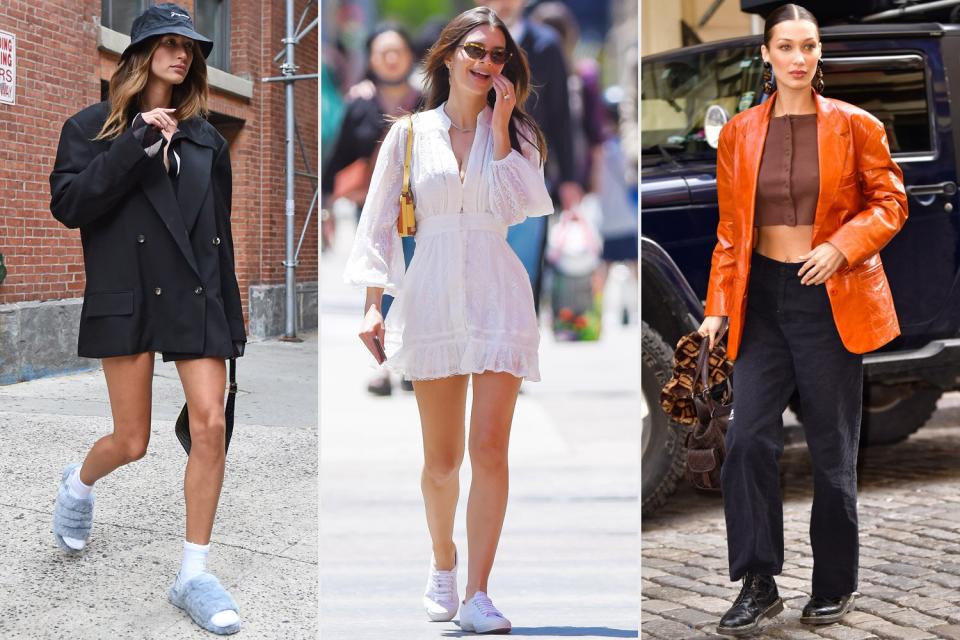 NEW YORK, NEW YORK - SEPTEMBER 30: Hailey Bieber is seen on September 30, 2021 in New York City. (Photo by Ilya S. Savenok/GC Images); NEW YORK, NEW YORK - MAY 13: Emily Ratajkowski seen out and about in Manhattan on May 13, 2021 in New York City. (Photo by Robert Kamau/GC Images); NEW YORK, NY - FEBRUARY 12: Bella Hadid seen on the streets of SoHo on February 12, 2020 in New York City. (Photo by James Devaney/GC Images)