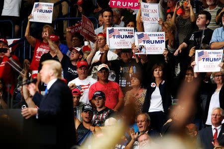 Supporters cheer behind him as U.S. President Donald Trump holds a rally with supporters in an arena in Youngstown, Ohio, U.S. July 25, 2017. REUTERS/Jonathan Ernst