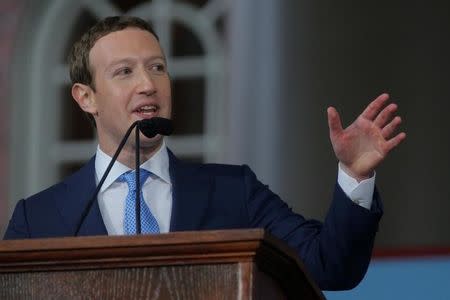 FILE PHOTO - Facebook founder Mark Zuckerberg speaks during the Alumni Exercises following the 366th Commencement Exercises at Harvard University in Cambridge, Massachusetts, U.S., May 25, 2017. REUTERS/Brian Snyder