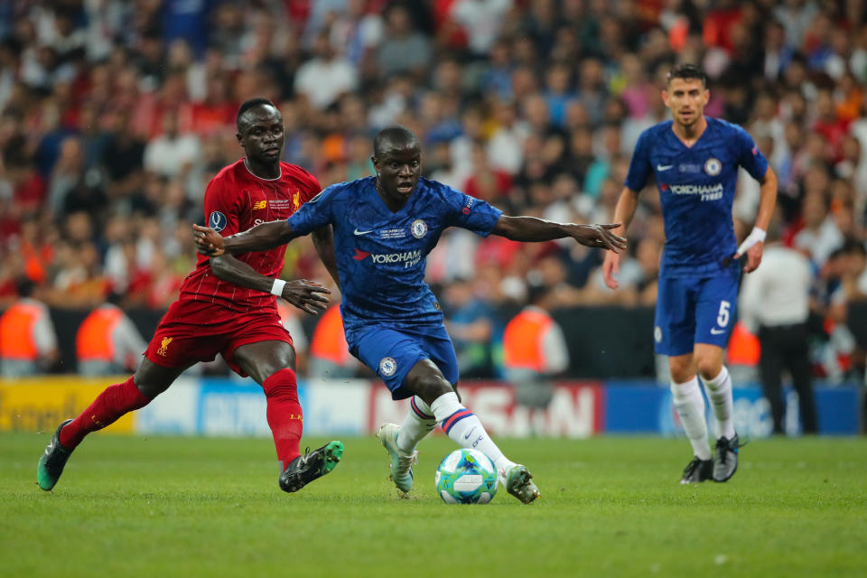 ISTANBUL, TURKEY - AUGUST 14: Sadio Mane of Liverpool and Ngolo Kante of Chelsea during the UEFA Super Cup Final fixture between Liverpool and Chelsea at Vodafone Park on August 14, 2019 in Istanbul, Turkey. (Photo by Matthew Ashton - AMA/Getty Images)