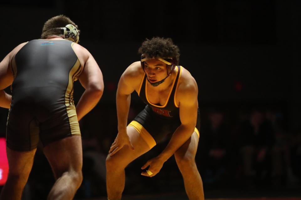 Northern's 197 pounder Marcus Placide looks at Southwest Minnesota State's during an earlier dual this season. Placide defeated Dillon McEachran 9-1 at the dual with SMSU.