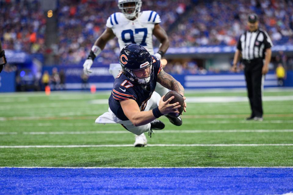 Chicago Bears quarterback Tyson Bagent dives in for a touchdown during a game against the Indianapolis Colts on Saturday, Aug. 19, 2023, in Indianapolis.