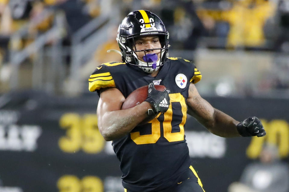 FILE - In this Oct. 28, 2019, file photo, Pittsburgh Steelers running back James Conner (30) plays against the Miami Dolphins in an NFL football game, in Pittsburgh. Conner wants to prove he can finish a season healthy. (AP Photo/Don Wright, File)