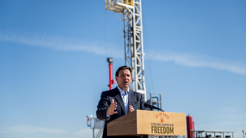 Florida Gov. Ron DeSantis speaks at the Permian Deep Rock Oil Company site during a campaign event on September 20, 2023 in Midland, Texas. - Brandon Bell/Getty Images