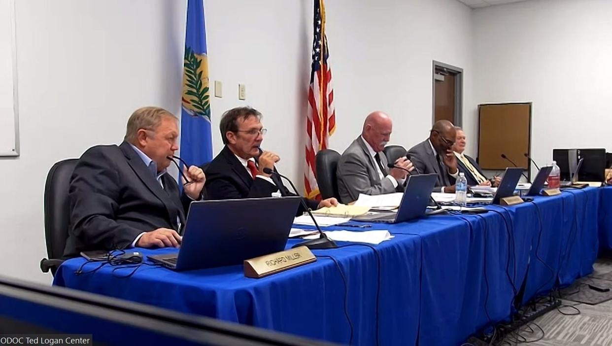 The Oklahoma Pardon and Parole Board met Monday and Tuesday in Oklahoma City. In this screengrab from a recording, the acting chairman, Ed Konieczny, is in the middle.