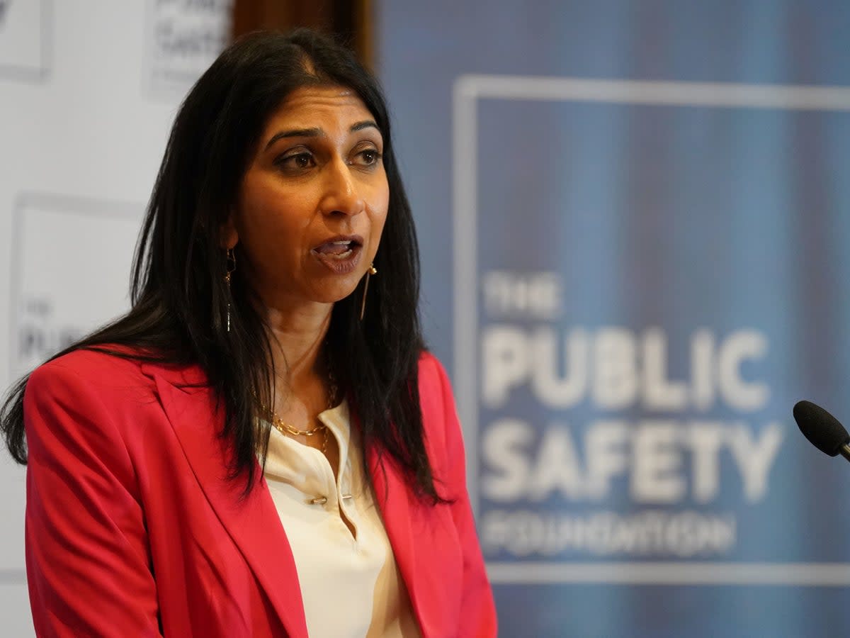 Home Secretary Suella Braverman delivers a speech on policing at the Public Safety Foundation think tank in central London on 26 April 2022 (PA)