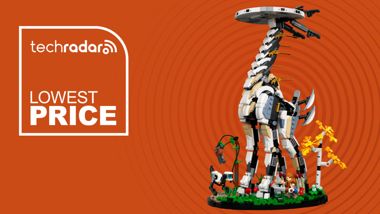  The Lego Tallneck on an Orange background next to a sign saying "Lowest Price.". 